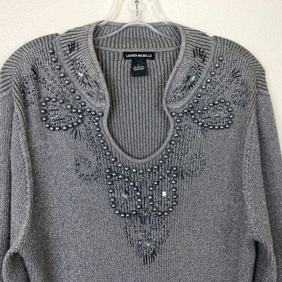 Lauren Michelle Metallic Beaded Shirt Size L Gray Silver Stretchy Knit Party - Picture 3 of 9